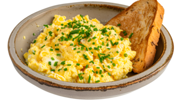 Scrambled eggs with chives and toasted bread in a bowl png