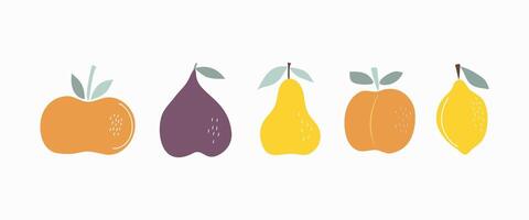 Fig, apple, pear, lemon, peach. A set abstract fruits. Vitamin natural vegetarian food. Color flat illustration, graphics. Isolated white background. vector