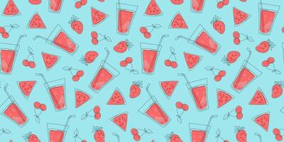 Juice in drinking glass, fruit cocktail. Strawberry, watermelon and cherry. Pattern, natural food and drink. Abstract drawings of fruits and berries. Line icons. Colorful repeating background. vector