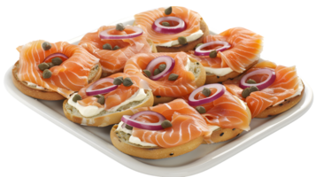 Smoked Salmon Appetizers on Bagels with Red Onion and Capers png
