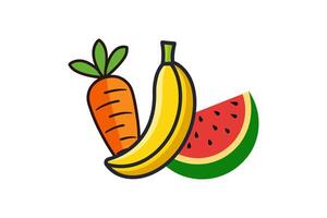 Illustration of Fresh Fruits and Vegetables Including Carrot, Banana, and Watermelon Slice vector