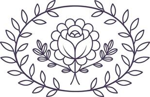 Elegant Line Art Illustration of a Rose Surrounded by Decorative Leaves and a Floral Frame in a Monochrome Oval Design vector