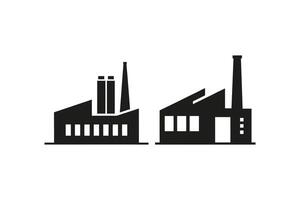 Industrial Factory Icons with Chimneys and Windows in Black Silhouette Design for Business and Manufacturing Concepts vector