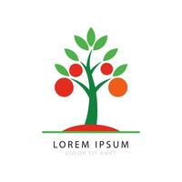 Abstract Tree Illustration with Red and Orange Fruits and Green Leaves on White Background vector