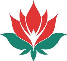 Red and Green Lotus Flower Illustration Featuring Symmetrical Design and Vibrant Colors for Botanical and Artistic Appeal vector