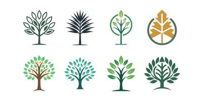 Collection of Eight Tree and Leaf Illustrations in Diverse Styles and Colors vector