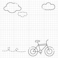 illustration of a checkered school notebook sheet with a hand-drawn bicycle and clouds. vector