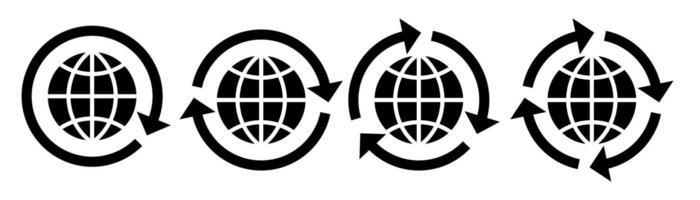 Set of four black globe icons with circular arrows, symbolizing global connection, synchronization, internet, worldwide updates, and international communication. Perfect for network, technology vector