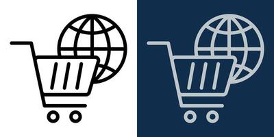 Minimalistic e-commerce icon with a shopping cart and a globe, symbolizing online shopping, global trade, digital marketplace, and internet commerce. Modern web shop pictogram. Editable Stroke vector