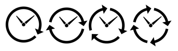 Set of Black Clock Icons with Circular Arrows, Symbolizing Time Management, Productivity, Efficiency, Cycle, Rotation, and Deadline. Minimalist Design for Business, Work, and Scheduling Concepts vector