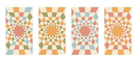 Retro geometric tunnel with checkered pattern and text space, vertical format for social media. Optical illusion, perspective depth, and abstract symmetry for modern design projects. vector
