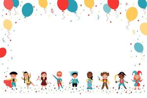 Festive background with a place for text from children in carnival costumes, colorful balloons and streamers. vector