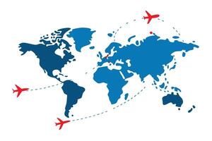 World Map with Red Airplanes and Dotted Flight Paths on White Background vector