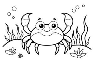 Cartoon Crab with Seaweed and Bubbles on Transparent Background Line Art vector