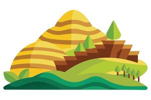 Stylized Mountain Landscape with Green Hills, Trees and Layers of Rock Design vector