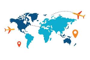 World Map with Airplanes, Flight Route, and Location Pin on a White Background vector