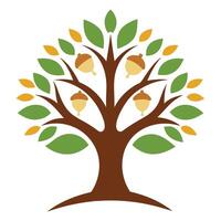 Minimalist Tree with Acorns, Green and Yellow Leaves on a White Background vector