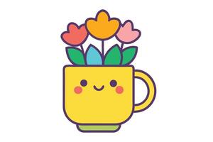 Cute Yellow Mug with Smiling Face, Colorful Flowers and Leaves, Isolated on White vector