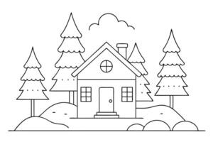 Outline House with Pine Trees, Mountain, and Cloud, Black and White Isolated Drawing vector