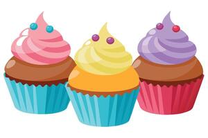 Colorful Cupcakes with Swirl Frosting and Candy Toppings on Transparent Background vector