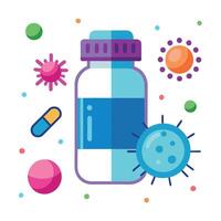 Colorful Pill Bottle with Capsule, Virus, and Dots on Transparent Background vector