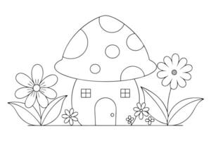 Outlined Mushroom House with Flowers, Cartoonish, Whimsical, Transparent Background vector