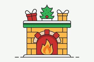 Fireplace with Gifts and Tree Icon on White Mantle Minimalist Design vector