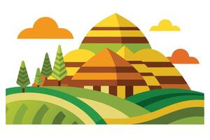 Flat Landscape with Rolling Hills, Trees, Clouds and Pyramid Mountain vector