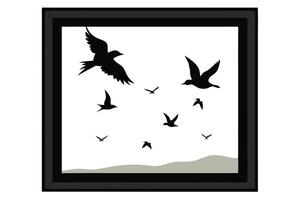 Square with Flock of Birds Silhouettes Against White Background and Abstract Landscape vector