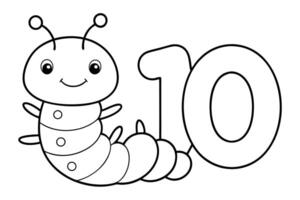 Cute Caterpillar with Number Ten Outline on Transparent Background for Coloring Book vector