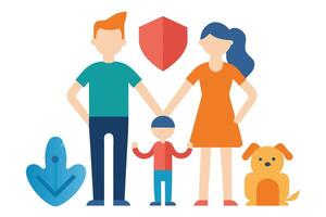 Flat Family With Shield, Dog, and Plant On White. Simple, clean style vector