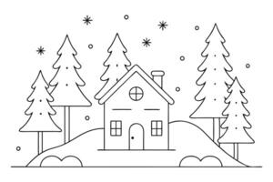 Winter Landscape House With Snowing With Fir Trees And Snowflakes on White vector