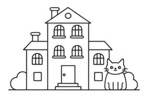 Outline House with Chimneys, Windows, Door and Bush and Sitting Cute Cat Line Art vector