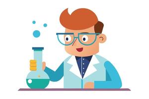 Scientist Holding Flask with Bubbles, Cartoon Style on White Background vector