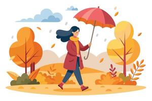 Flat Autumn with Woman Walking with Umbrella on White Background vector
