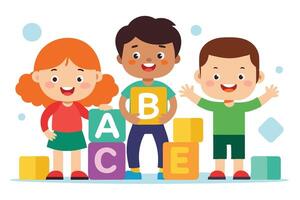 Cartoon Smiling Children with Alphabet Blocks on White Background Design vector