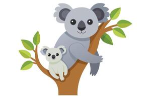 Cartoon Mother Koala with Baby on a Tree Branch with Leaves, Isolated Design vector