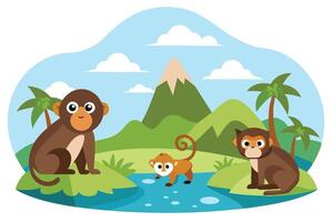 Cartoon Monkeys in Jungle River Landscape with Mountains and Palm Trees vector