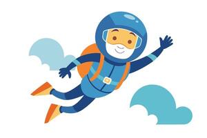 Cartoon Skydiver with Helmet Waving Arm Among Clouds on White Background vector