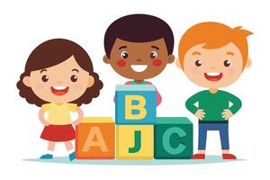 Happy Multicultural Kids Posing with Colorful ABC Blocks on White Background vector