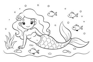 Outlined Mermaid With Flower, Fish, Algae, and Pebbles on Transparent Background vector