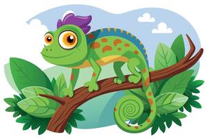 Playful Green Chameleon with Orange Spots Perched on Branch in Cartoon Style vector