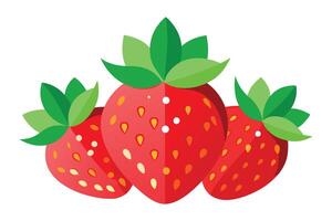 Three Glossy Red Strawberries with Seeds and Green Leaves on White Background vector