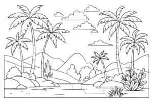 Tropical River Landscape with Palm Trees, Hills, Clouds, Bushes and Cacti Outline vector