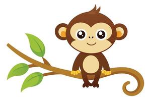 Cute Cartoon Monkey Sitting on Tree Branch with Green Leaves, White Background vector