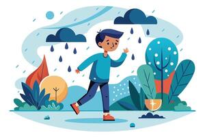 Cartoon Boy Walking in Rain with Trees and Clouds on a Light Sky Background vector