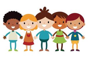 Diverse Cartoon Kids Standing Together with a Transparent Background Smiling Characters vector