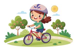 Cheerful Girl Riding Bicycle with Helmet in a Nature Park on White Background vector