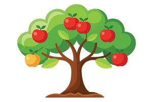 Cartoon Apple Tree with Red Apples, Green Leaves, and Brown Trunk on White vector