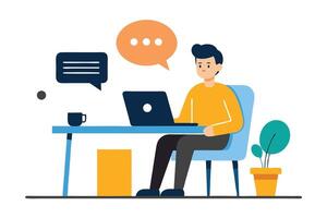 Isolated Flat Man Working on Laptop with Speech Bubbles on White vector